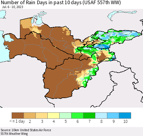 Central Asia Number of Rain Days in past 10 days (USAF 557th WW) Thematic Map For 7/6/2023 - 7/10/2023