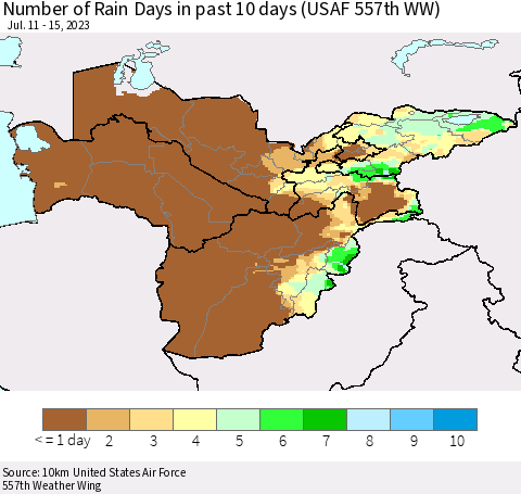 Central Asia Number of Rain Days in past 10 days (USAF 557th WW) Thematic Map For 7/11/2023 - 7/15/2023
