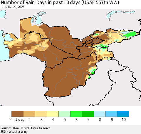 Central Asia Number of Rain Days in past 10 days (USAF 557th WW) Thematic Map For 7/16/2023 - 7/20/2023