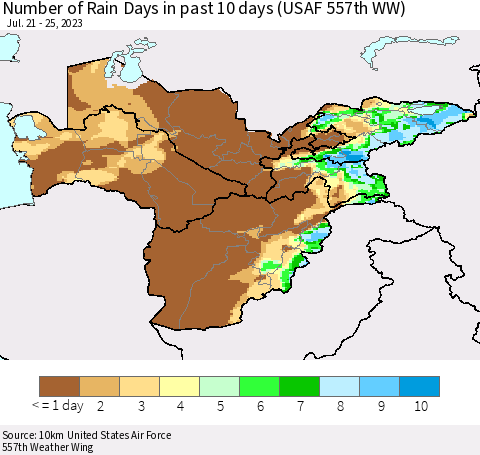 Central Asia Number of Rain Days in past 10 days (USAF 557th WW) Thematic Map For 7/21/2023 - 7/25/2023