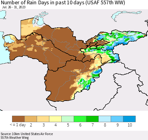 Central Asia Number of Rain Days in past 10 days (USAF 557th WW) Thematic Map For 7/26/2023 - 7/31/2023