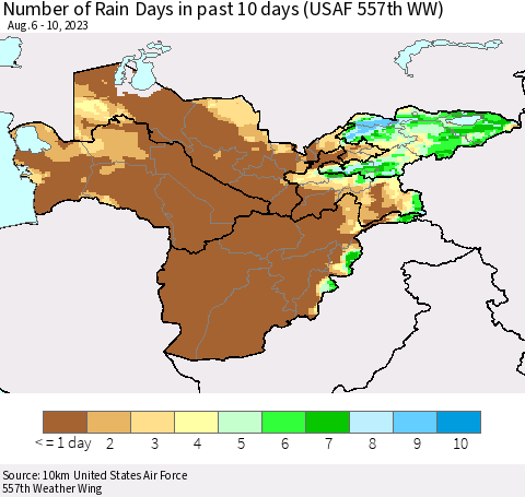 Central Asia Number of Rain Days in past 10 days (USAF 557th WW) Thematic Map For 8/6/2023 - 8/10/2023