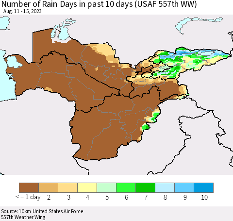Central Asia Number of Rain Days in past 10 days (USAF 557th WW) Thematic Map For 8/11/2023 - 8/15/2023