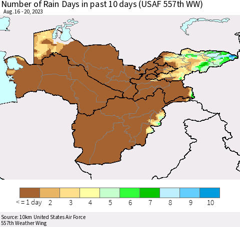 Central Asia Number of Rain Days in past 10 days (USAF 557th WW) Thematic Map For 8/16/2023 - 8/20/2023