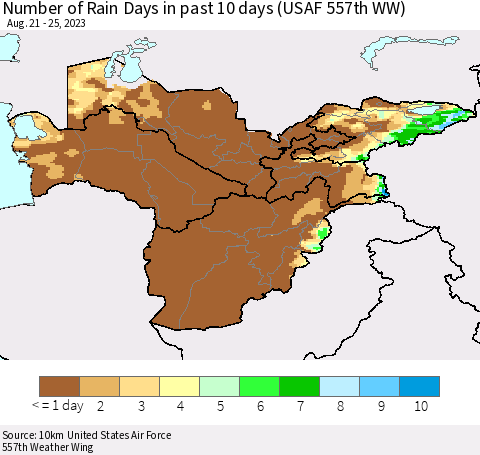 Central Asia Number of Rain Days in past 10 days (USAF 557th WW) Thematic Map For 8/21/2023 - 8/25/2023