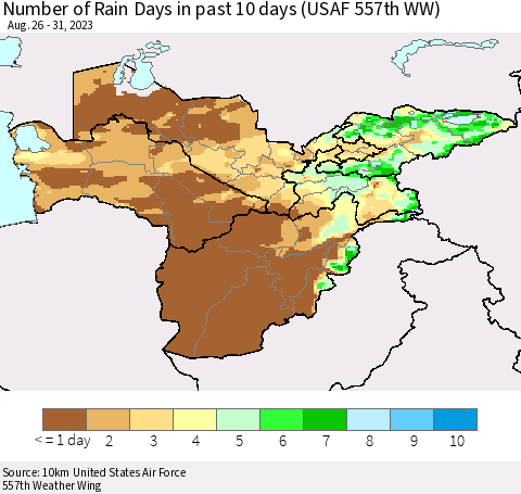 Central Asia Number of Rain Days in past 10 days (USAF 557th WW) Thematic Map For 8/26/2023 - 8/31/2023