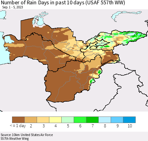 Central Asia Number of Rain Days in past 10 days (USAF 557th WW) Thematic Map For 9/1/2023 - 9/5/2023