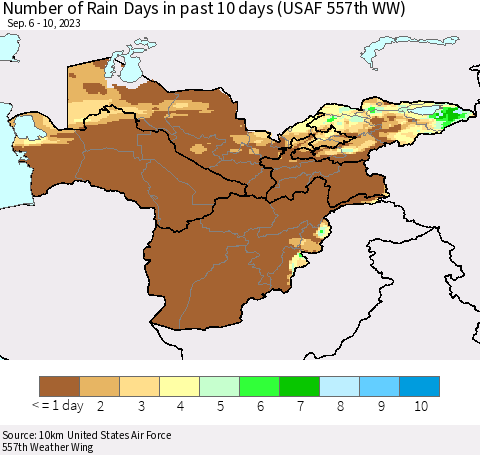 Central Asia Number of Rain Days in past 10 days (USAF 557th WW) Thematic Map For 9/6/2023 - 9/10/2023