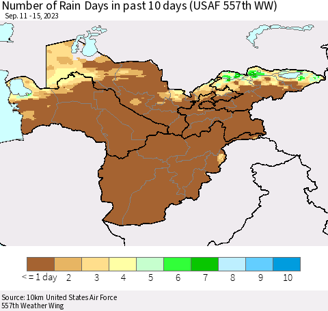 Central Asia Number of Rain Days in past 10 days (USAF 557th WW) Thematic Map For 9/11/2023 - 9/15/2023