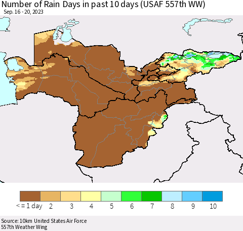 Central Asia Number of Rain Days in past 10 days (USAF 557th WW) Thematic Map For 9/16/2023 - 9/20/2023