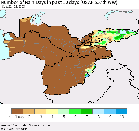 Central Asia Number of Rain Days in past 10 days (USAF 557th WW) Thematic Map For 9/21/2023 - 9/25/2023