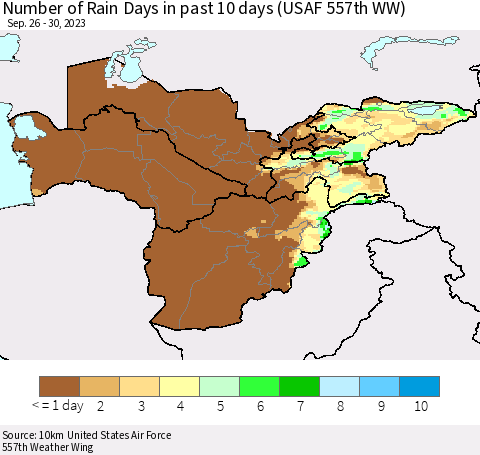 Central Asia Number of Rain Days in past 10 days (USAF 557th WW) Thematic Map For 9/26/2023 - 9/30/2023
