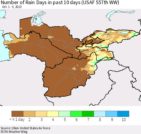 Central Asia Number of Rain Days in past 10 days (USAF 557th WW) Thematic Map For 10/1/2023 - 10/5/2023
