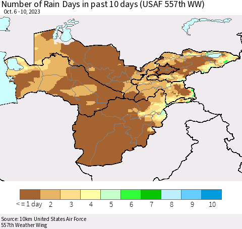 Central Asia Number of Rain Days in past 10 days (USAF 557th WW) Thematic Map For 10/6/2023 - 10/10/2023