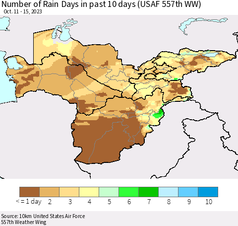 Central Asia Number of Rain Days in past 10 days (USAF 557th WW) Thematic Map For 10/11/2023 - 10/15/2023