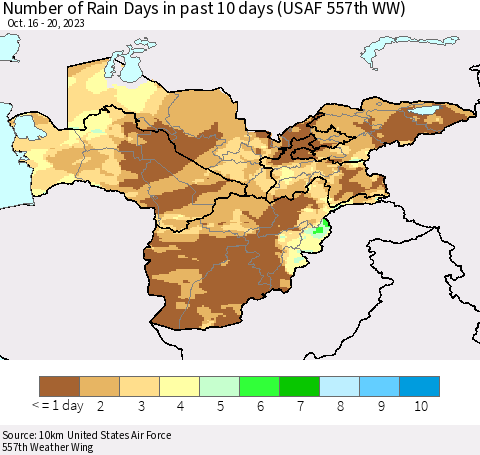 Central Asia Number of Rain Days in past 10 days (USAF 557th WW) Thematic Map For 10/16/2023 - 10/20/2023