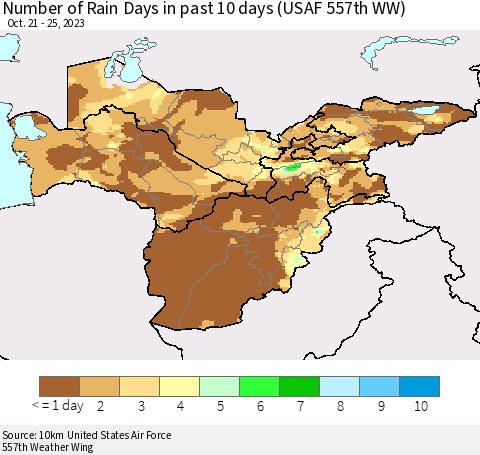 Central Asia Number of Rain Days in past 10 days (USAF 557th WW) Thematic Map For 10/21/2023 - 10/25/2023