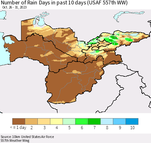 Central Asia Number of Rain Days in past 10 days (USAF 557th WW) Thematic Map For 10/26/2023 - 10/31/2023
