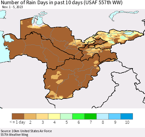 Central Asia Number of Rain Days in past 10 days (USAF 557th WW) Thematic Map For 11/1/2023 - 11/5/2023