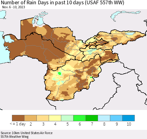 Central Asia Number of Rain Days in past 10 days (USAF 557th WW) Thematic Map For 11/6/2023 - 11/10/2023