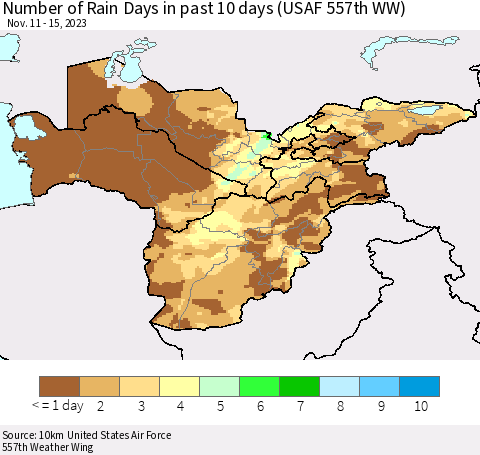 Central Asia Number of Rain Days in past 10 days (USAF 557th WW) Thematic Map For 11/11/2023 - 11/15/2023