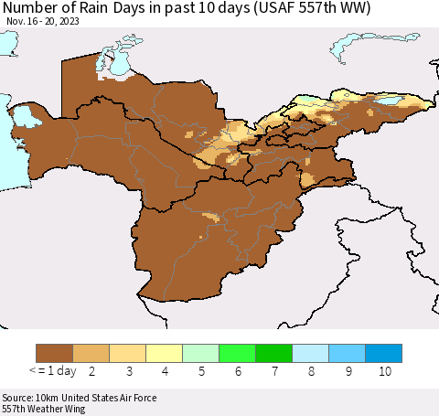 Central Asia Number of Rain Days in past 10 days (USAF 557th WW) Thematic Map For 11/16/2023 - 11/20/2023