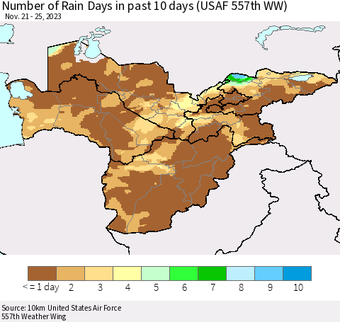 Central Asia Number of Rain Days in past 10 days (USAF 557th WW) Thematic Map For 11/21/2023 - 11/25/2023