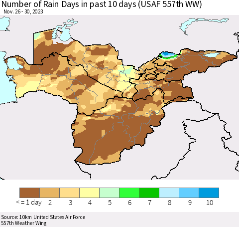 Central Asia Number of Rain Days in past 10 days (USAF 557th WW) Thematic Map For 11/26/2023 - 11/30/2023