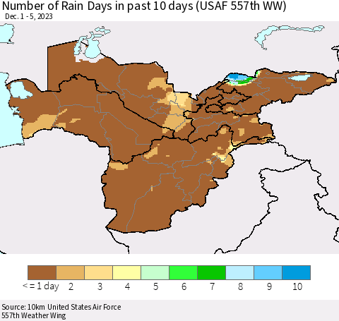 Central Asia Number of Rain Days in past 10 days (USAF 557th WW) Thematic Map For 12/1/2023 - 12/5/2023