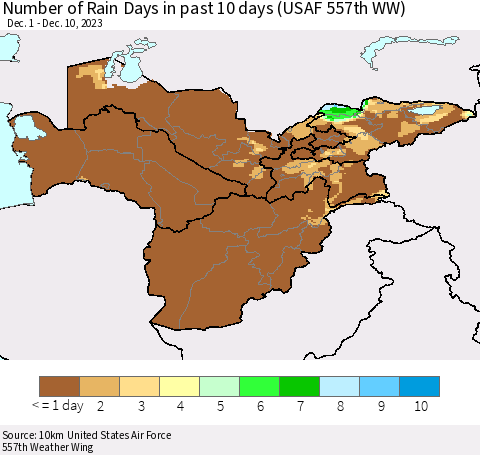 Central Asia Number of Rain Days in past 10 days (USAF 557th WW) Thematic Map For 12/6/2023 - 12/10/2023