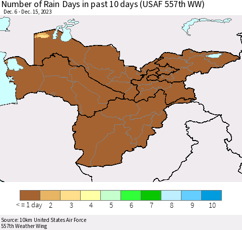 Central Asia Number of Rain Days in past 10 days (USAF 557th WW) Thematic Map For 12/11/2023 - 12/15/2023
