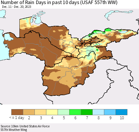 Central Asia Number of Rain Days in past 10 days (USAF 557th WW) Thematic Map For 12/16/2023 - 12/20/2023