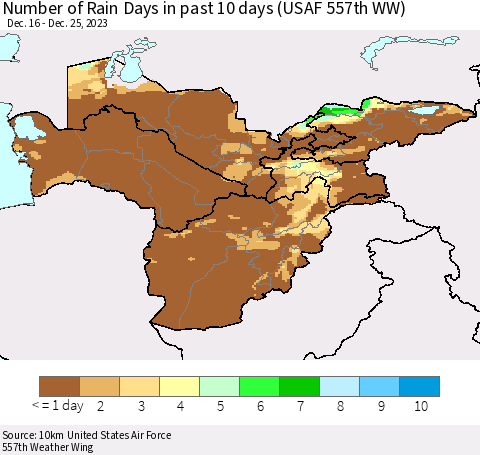 Central Asia Number of Rain Days in past 10 days (USAF 557th WW) Thematic Map For 12/21/2023 - 12/25/2023
