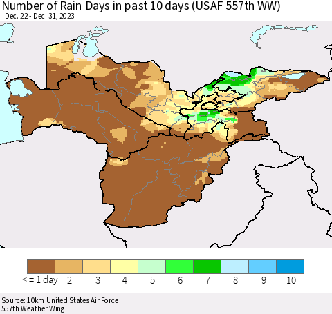 Central Asia Number of Rain Days in past 10 days (USAF 557th WW) Thematic Map For 12/26/2023 - 12/31/2023