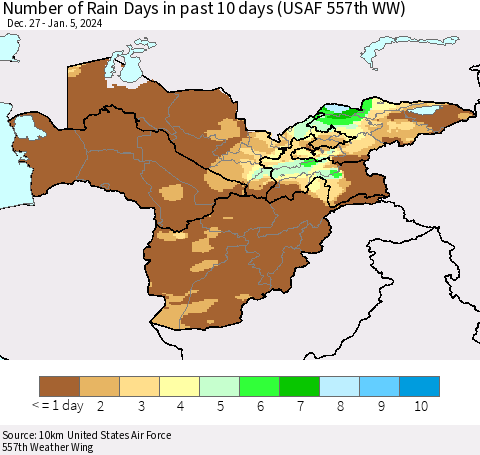 Central Asia Number of Rain Days in past 10 days (USAF 557th WW) Thematic Map For 1/1/2024 - 1/5/2024