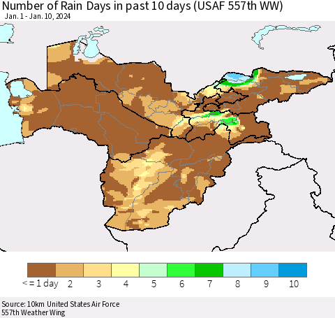 Central Asia Number of Rain Days in past 10 days (USAF 557th WW) Thematic Map For 1/6/2024 - 1/10/2024