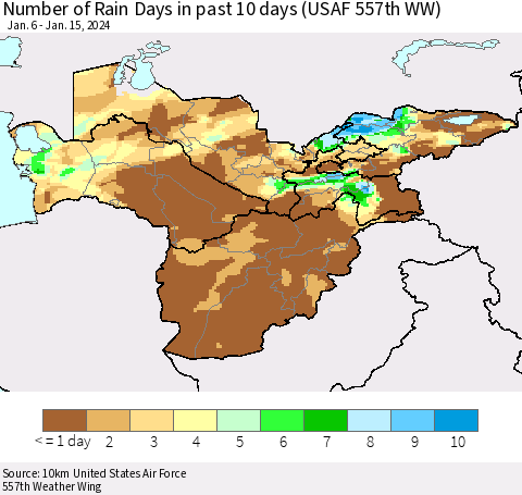 Central Asia Number of Rain Days in past 10 days (USAF 557th WW) Thematic Map For 1/11/2024 - 1/15/2024