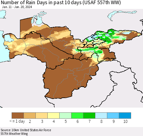 Central Asia Number of Rain Days in past 10 days (USAF 557th WW) Thematic Map For 1/16/2024 - 1/20/2024