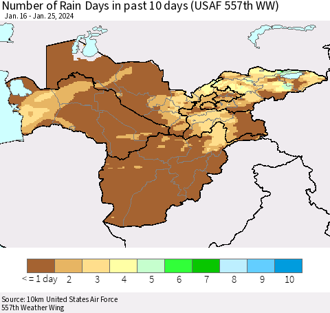 Central Asia Number of Rain Days in past 10 days (USAF 557th WW) Thematic Map For 1/21/2024 - 1/25/2024
