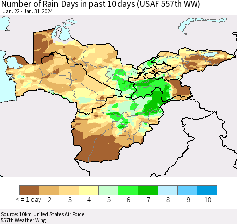 Central Asia Number of Rain Days in past 10 days (USAF 557th WW) Thematic Map For 1/26/2024 - 1/31/2024