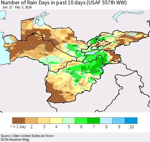 Central Asia Number of Rain Days in past 10 days (USAF 557th WW) Thematic Map For 2/1/2024 - 2/5/2024