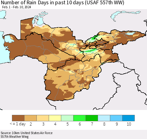 Central Asia Number of Rain Days in past 10 days (USAF 557th WW) Thematic Map For 2/6/2024 - 2/10/2024
