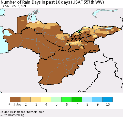 Central Asia Number of Rain Days in past 10 days (USAF 557th WW) Thematic Map For 2/11/2024 - 2/15/2024