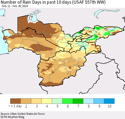 Central Asia Number of Rain Days in past 10 days (USAF 557th WW) Thematic Map For 2/16/2024 - 2/20/2024