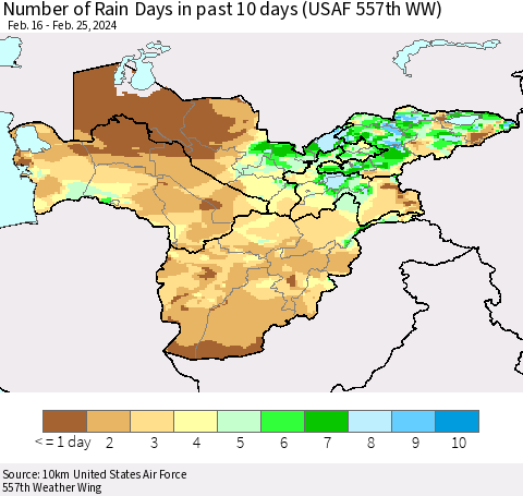 Central Asia Number of Rain Days in past 10 days (USAF 557th WW) Thematic Map For 2/21/2024 - 2/25/2024