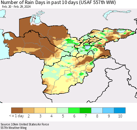 Central Asia Number of Rain Days in past 10 days (USAF 557th WW) Thematic Map For 2/26/2024 - 2/29/2024