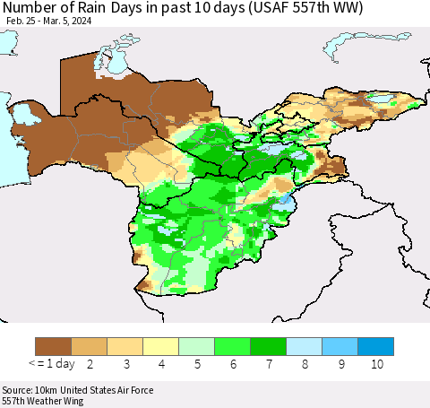 Central Asia Number of Rain Days in past 10 days (USAF 557th WW) Thematic Map For 3/1/2024 - 3/5/2024