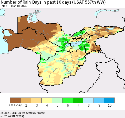 Central Asia Number of Rain Days in past 10 days (USAF 557th WW) Thematic Map For 3/6/2024 - 3/10/2024