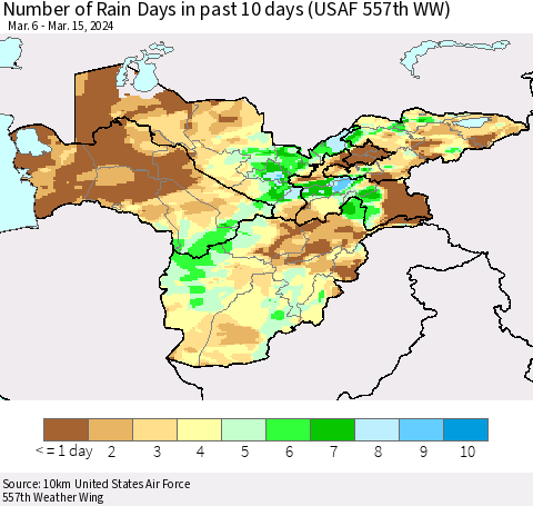 Central Asia Number of Rain Days in past 10 days (USAF 557th WW) Thematic Map For 3/11/2024 - 3/15/2024