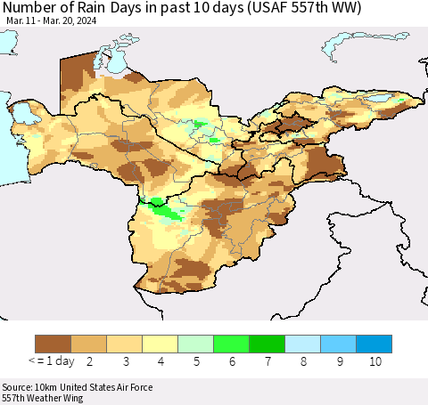 Central Asia Number of Rain Days in past 10 days (USAF 557th WW) Thematic Map For 3/16/2024 - 3/20/2024